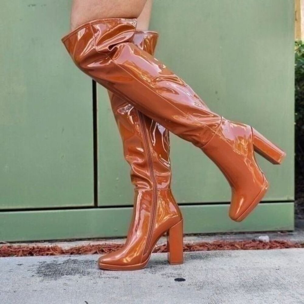 Women's Tan Thigh High Over the Knee Boots Chuncky Heel